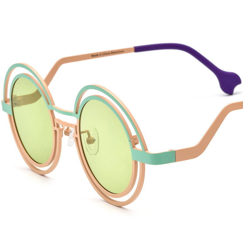 Colourful Titanium Double-Ring Round Polarised Sunglasses - Cyan Yellow Frame Green Lens - MCROONS
