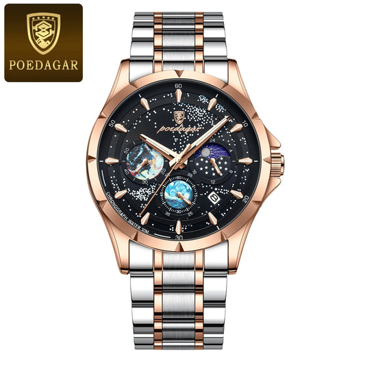 Poedagar 916 Men's Luxury Quartz Watch – Stainless Steel Band, Waterproof, Luminous, Date