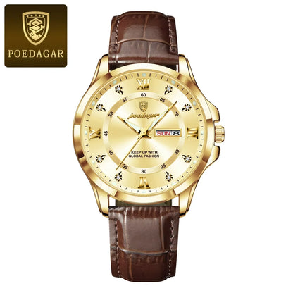 Poedagar 855 Men's Luxury Quartz Watch – Leather Strap, Waterproof, Luminous, Date