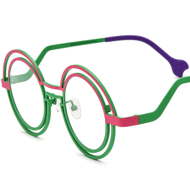 Matte Titanium Double-Ring Round Optical Glasses Frame - Matte Pink Green - MCROONS
