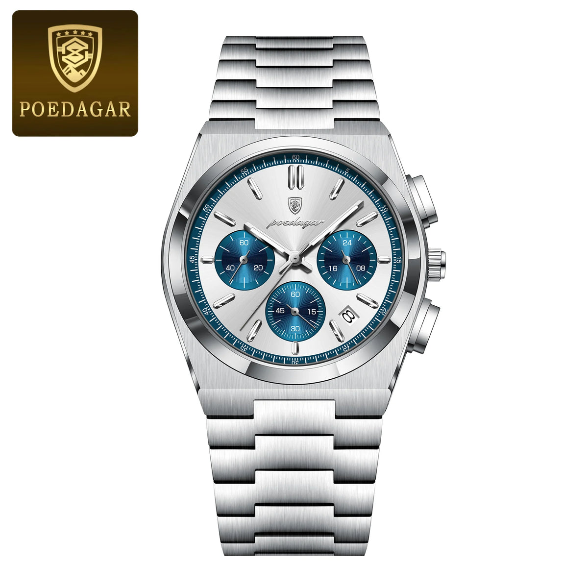 Poedagar 970 Men's Luxury Chronograph Quartz Watch – Stainless Steel Band, Waterproof, Luminous, Date