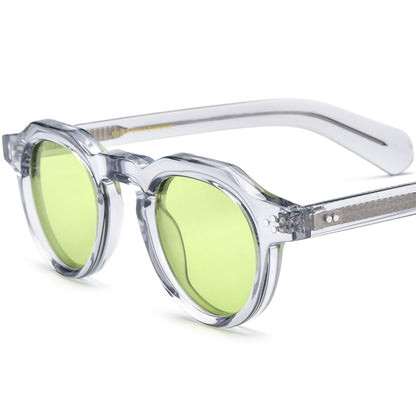 Polarised Round Acetate Sunglasses Multicolour Mirrored - Transparent Grey/Green Lens - MCROONS