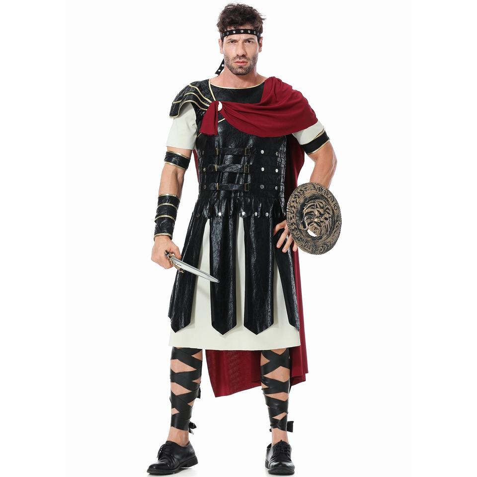 Men's Roman gladiator costume by Mcroons featuring leather armor, arm guards, and a warrior helmet for Halloween or cosplay.
