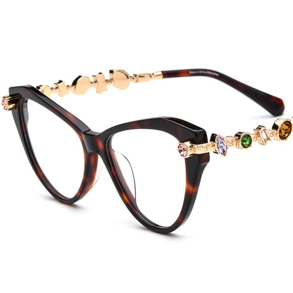 Luxury Cat Eye Acetate Optical Glasses Frame with Gem Trim - Leopard - MCROONS