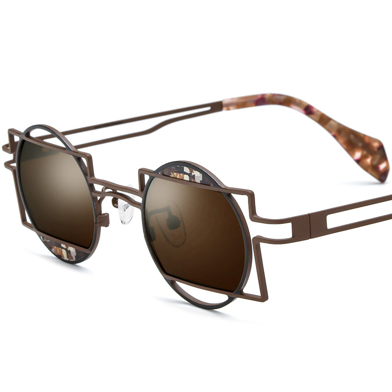 Retro Geometric Titanium Polarized Sunglasses UV400 - MCROONS - Brown Brown Lens