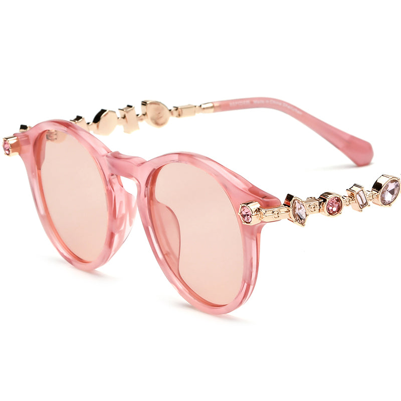 Luxury Round Acetate Polarized Sunglasses with Gem Trim UV400 - Pink Pink Lens - MCROONS