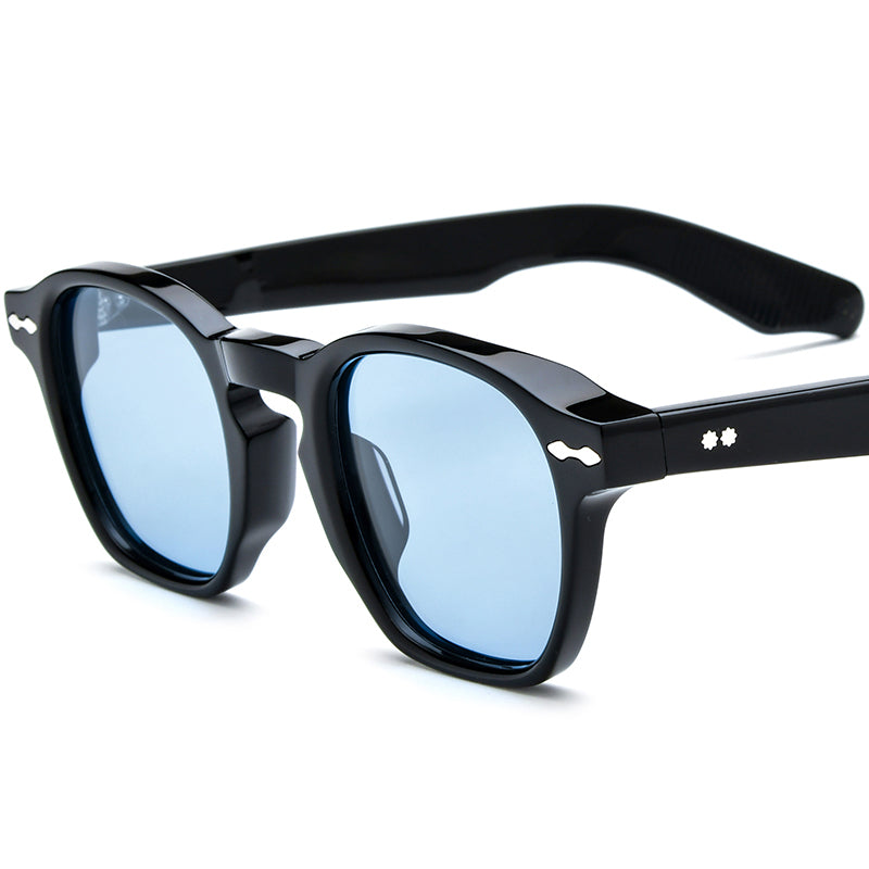 Vintage Square Acetate Polarized Mirrored Sunglasses - Black Blue Lens - MCROONS