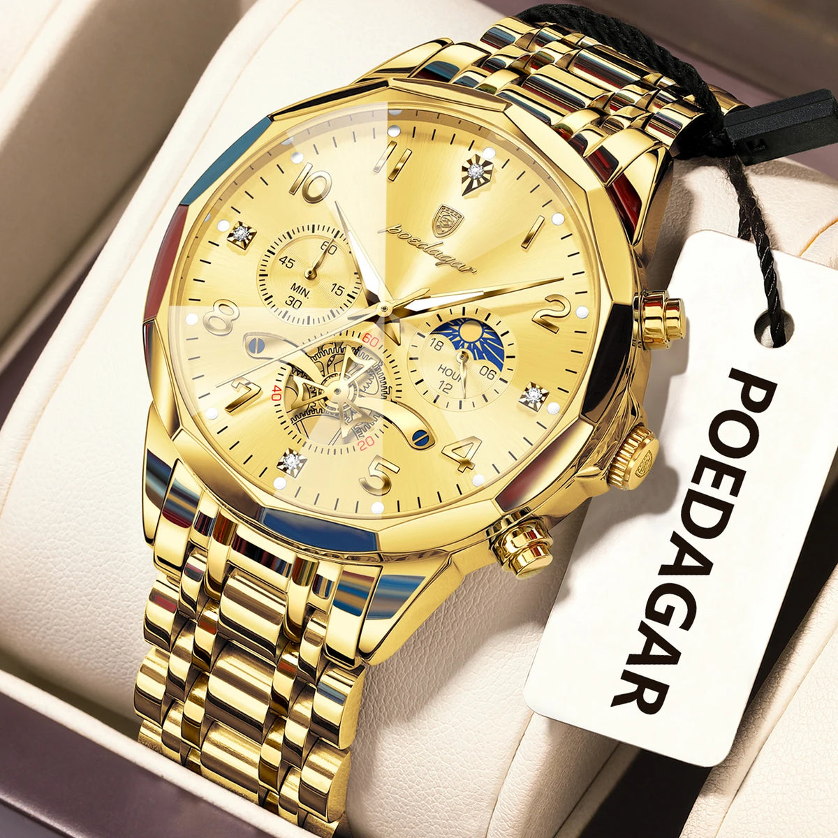 Poedagar 939 Men's Luxury Chronograph Quartz Watch – Stainless Steel Band, Waterproof, Luminous