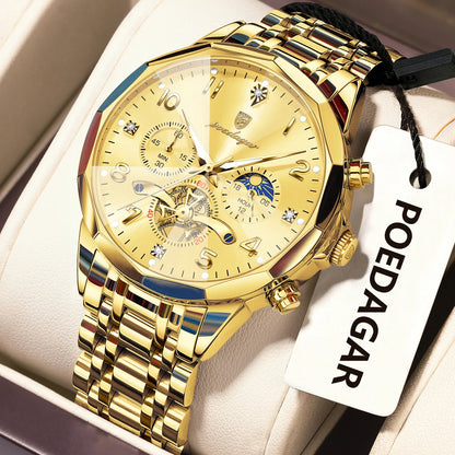 Poedagar 939 Men's Luxury Chronograph Quartz Watch – Stainless Steel Band, Waterproof, Luminous