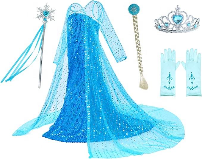 Girls' Ice Kingdom Princess costume by Mcroons featuring a snow blue sequin dress and matching cape for kids.