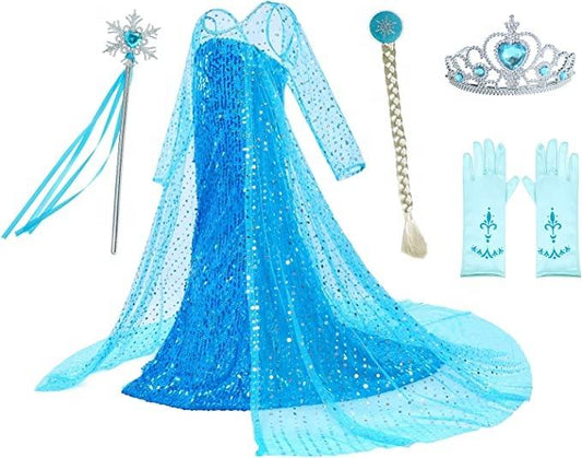 Girls' Ice Kingdom Princess costume by Mcroons featuring a snow blue sequin dress and matching cape for kids.
