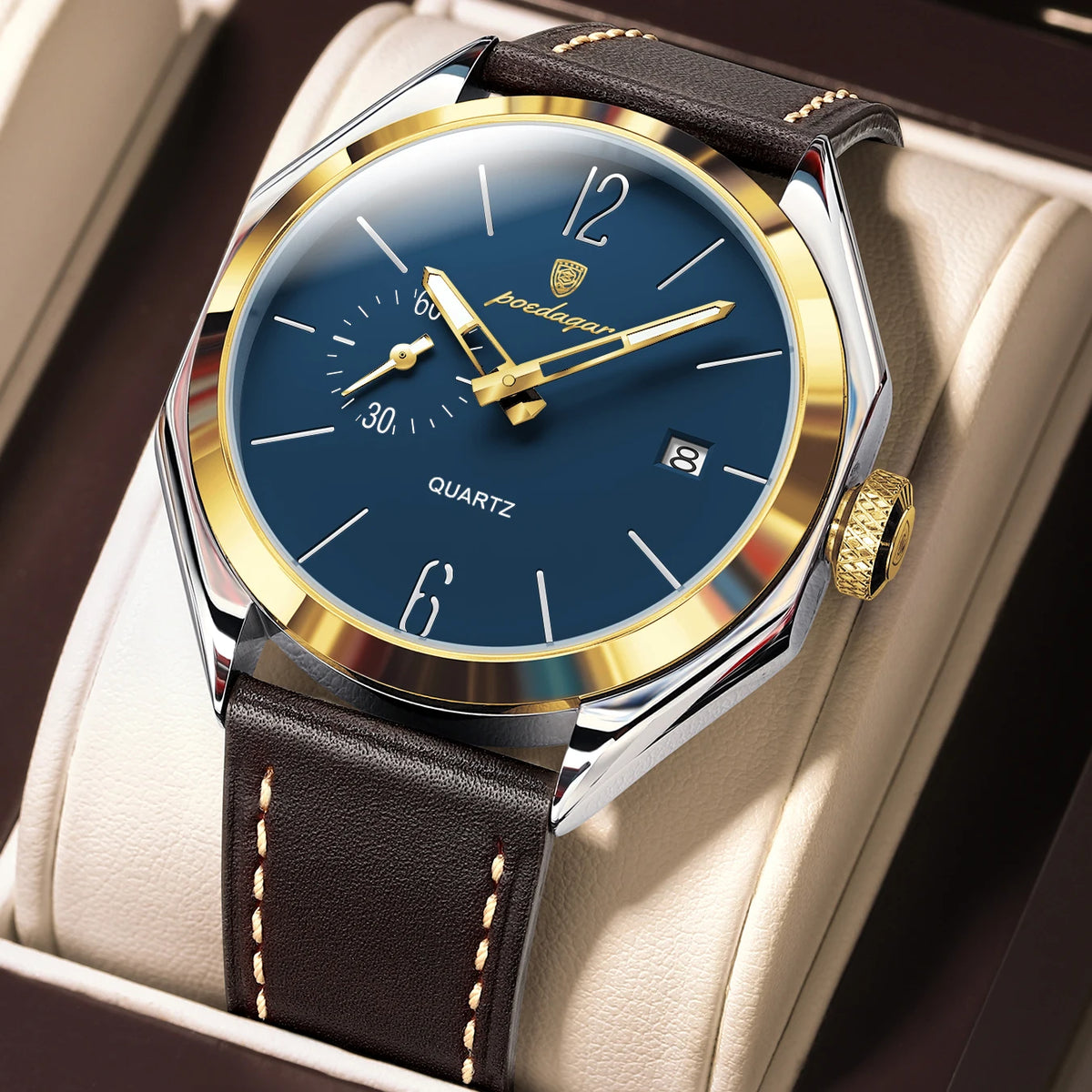Poedagar 689 Men's Luxury Quartz Watch – Leather Strap, Waterproof, Luminous, Date