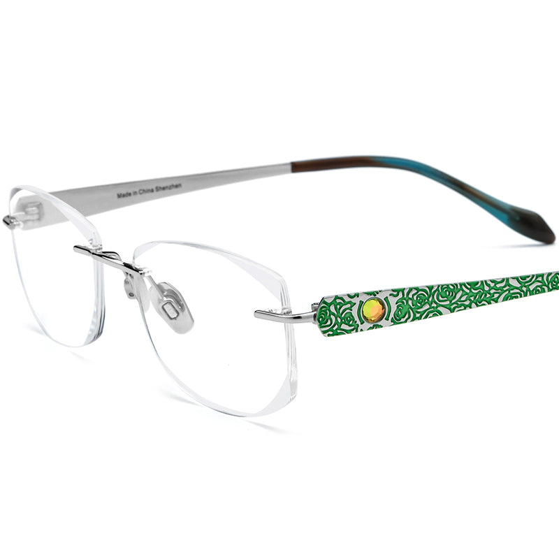 Wire Titanium Rimless Optical Glasses Diamond Trim - MCROONS - Green