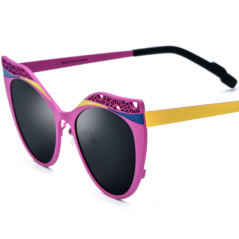 Colourful Titanium Hollow-Out Cat Eye Polarised Sunglasses - Pink Yellow Frame Grey Lens - MCROONS