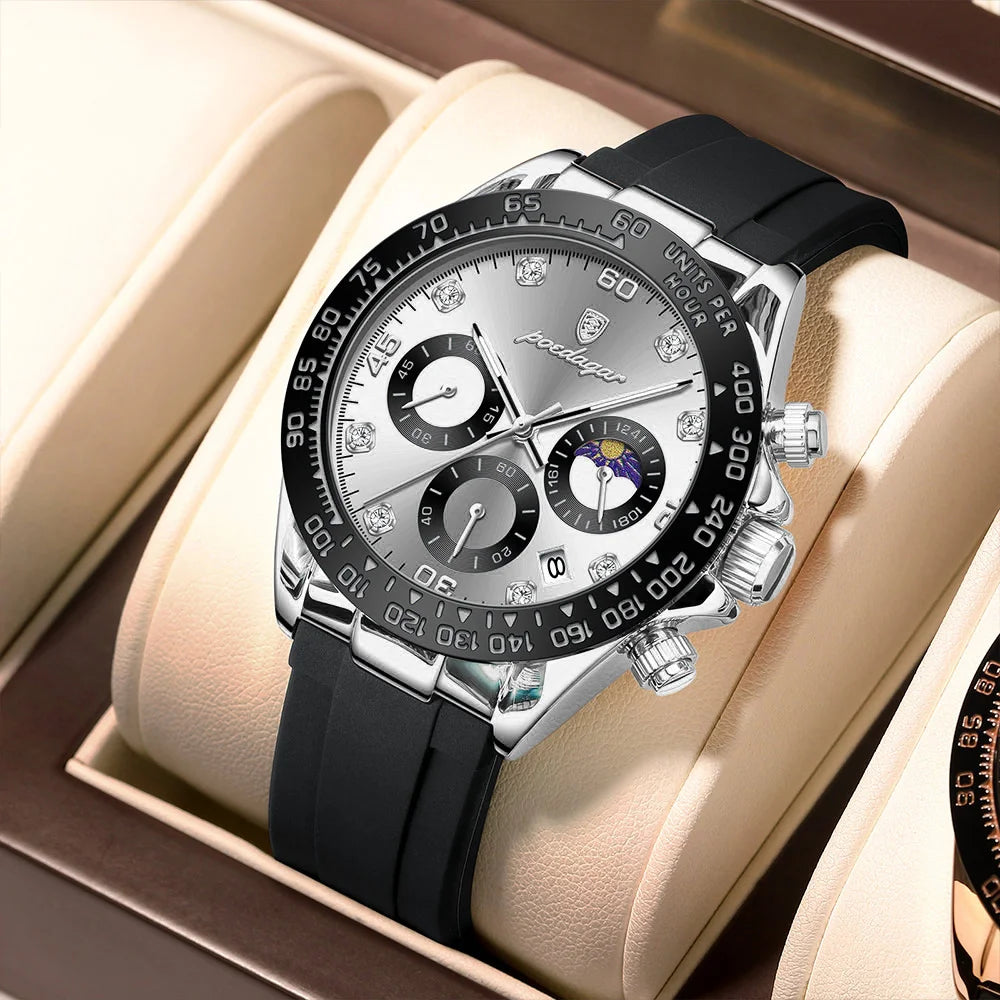 Poedagar 629 Men's Luxury Chronograph Quartz Watch – Silicone Strap, Waterproof, Luminous, Date
