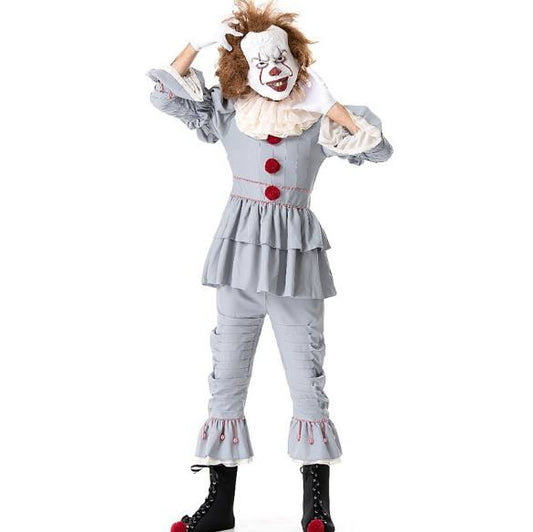 MCROONS Sinister Clown Costume featuring a creepy clown mask and dark, tattered clothing for Halloween or costume parties.