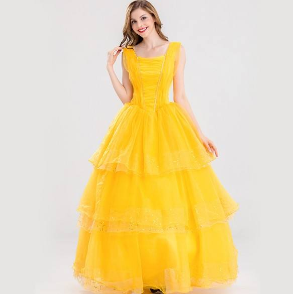 Yellow princess ballgown costume by MCROONS featuring a flowing skirt and elegant design for children’s dress-up.