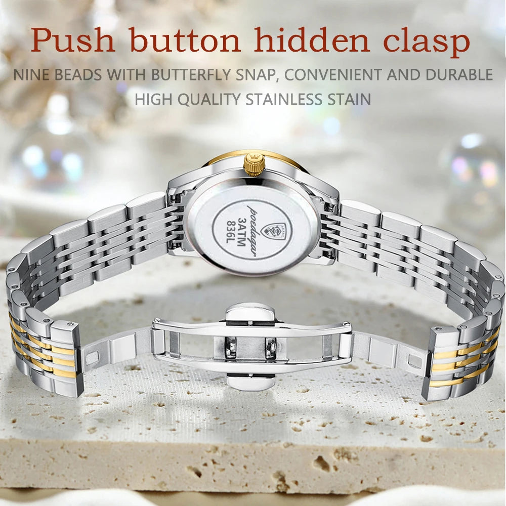 Poedagar 266 Women's Luxury Quartz Watch – Stainless Steel Band, Waterproof, Luminous, Date