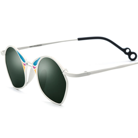 Colourful Titanium Irregular Polarised Sunglasses Fashion - White Frame Dark Green Lens - MCROONS