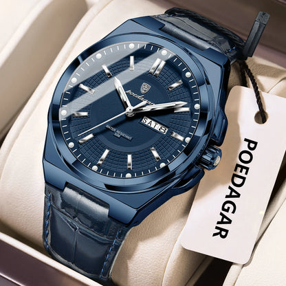 Poedagar 896 Men's Luxury Quartz Watch – Leather Strap, Waterproof, Luminous, Date