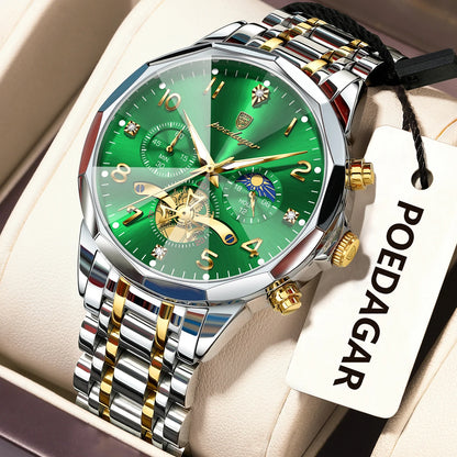 Poedagar 939 Men's Luxury Chronograph Quartz Watch – Stainless Steel Band, Waterproof, Luminous