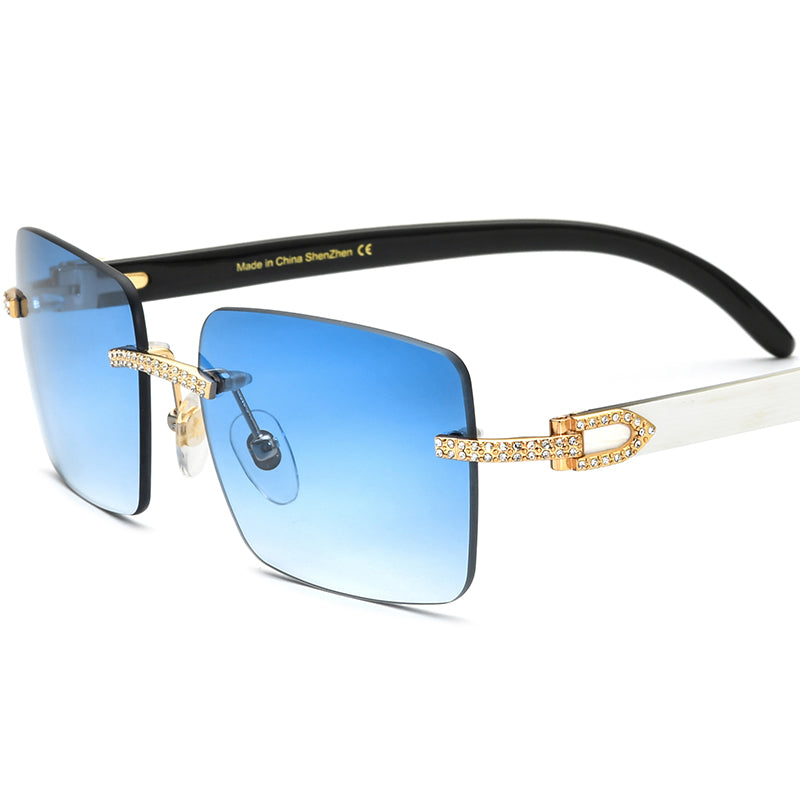 Diamante Rimless Square Sunglasses with Horn-Effect Temple - Blue - MCROONS