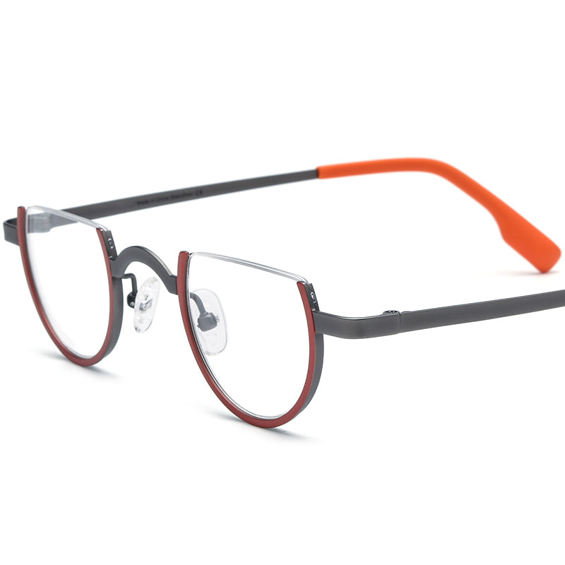 Titanium Round Optical Glasses Frame Semi-Rimless - Matte Red Gray - MCROONS