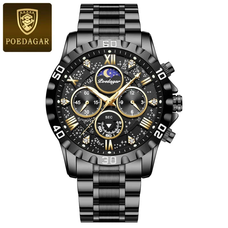 Poedagar 973 Men's Luxury Chronograph Quartz Watch – Stainless Steel Band, Waterproof, Luminous