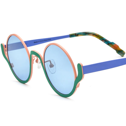Colourful Titanium Round Polarised Sunglasses Vintage - Pink Green Frame Blue Lens - MCROONS