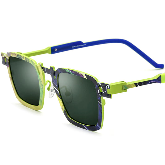 Print Titanium Square Sunglasses - Green Blue - MCROONS