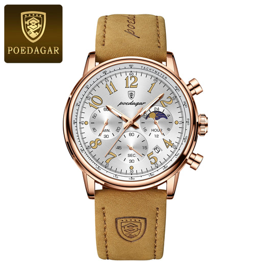 Poedagar 808 Men's Luxury Chronograph Quartz Watch – Leather Strap, Waterproof, Luminous, Date