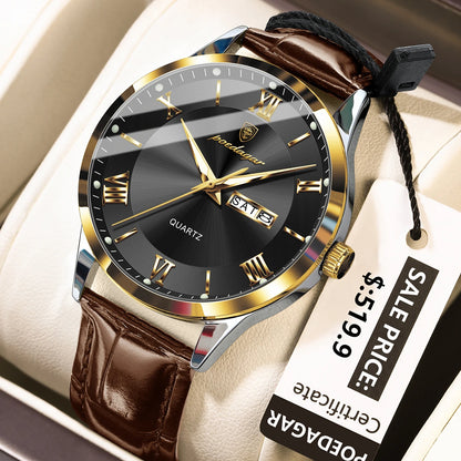 Poedagar 978 Men's Luxury Quartz Watch – Leather Strap, Waterproof, Luminous, Date