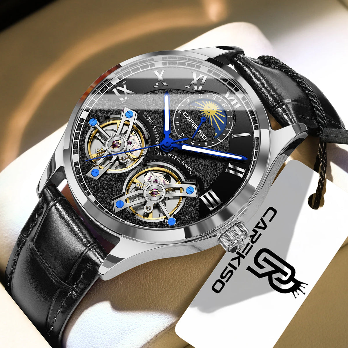 Poedagar C123 Men's Luxury Automatic Mechanical Watch – Genuine Leather Strap, Waterproof, Luminous