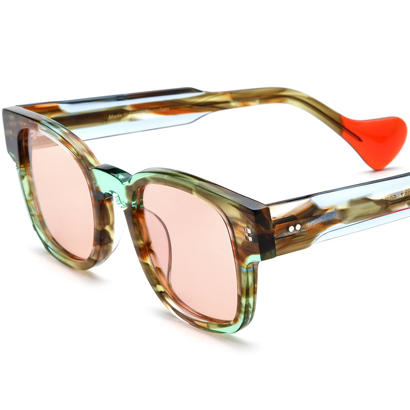 Vintage Multicolour Acetate Square Polarized Sunglasses - Green Pink Lens - MCROONS