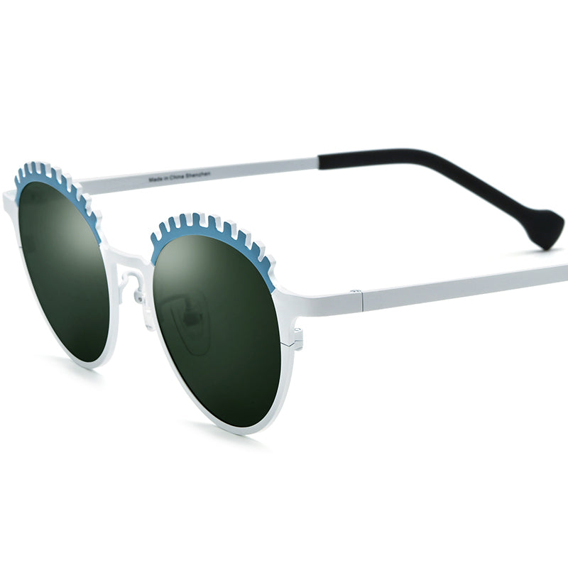 Colourful Titanium Cat Eye Polarised Sunglasses - Blue White Dark Green Lens - MCROONS