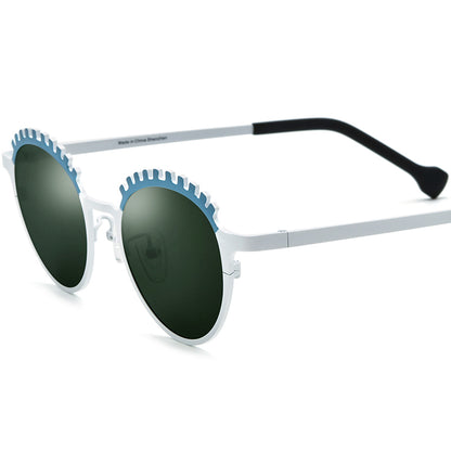 Colourful Titanium Cat Eye Polarised Sunglasses - Blue White Dark Green Lens - MCROONS
