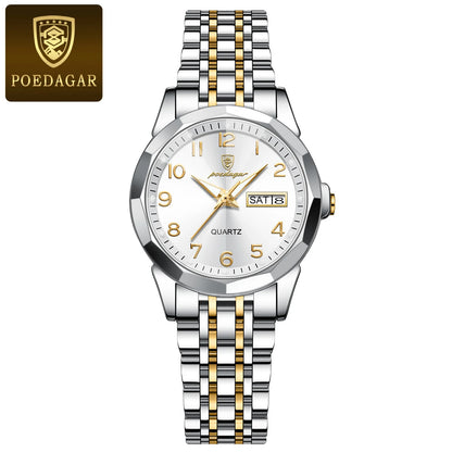 Poedagar 3078 Women's Luxury Quartz Watch – Stainless Steel Band, Waterproof, Luminous, Date