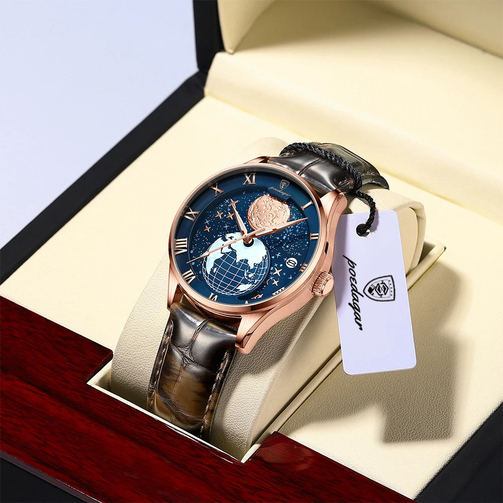 Poedagar 803 Men's Luxury Quartz Watch – Leather Strap, Waterproof, Luminous, Date