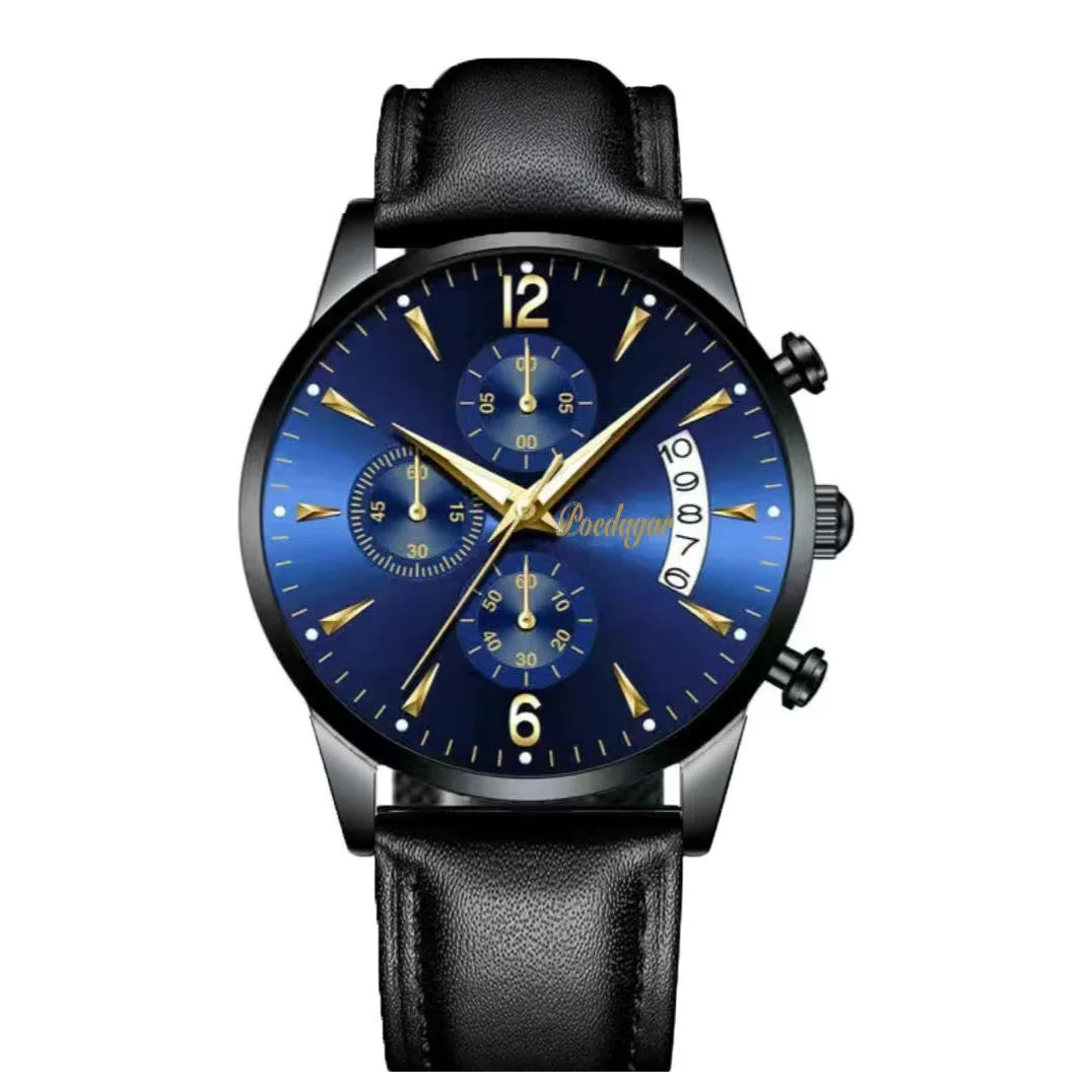 Poedagar 814 Men's Luxury Chronograph Quartz Watch – Leather Strap, Waterproof, Luminous, Date