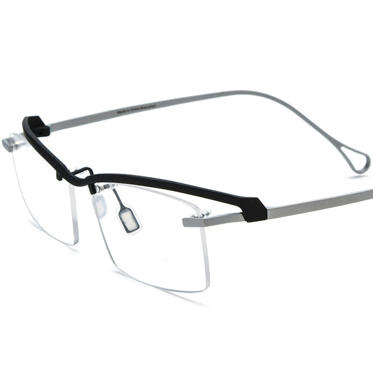 Semi-Rimless Titanium Square Optical Glasses Frame Vintage - Matte Black Silver - MCROONS