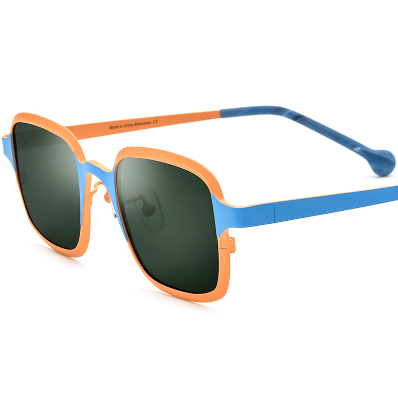 Colourful Titanium Square Polarised Sunglasses Vintage - Orange Blue Dark Green Lens - MCROONS