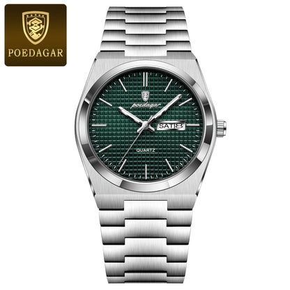 Poedagar 821 Men's Luxury Quartz Watch – Stainless Steel Band, Waterproof, Luminous, Date