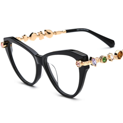 Luxury Cat Eye Acetate Optical Glasses Frame with Gem Trim - Black - MCROONS