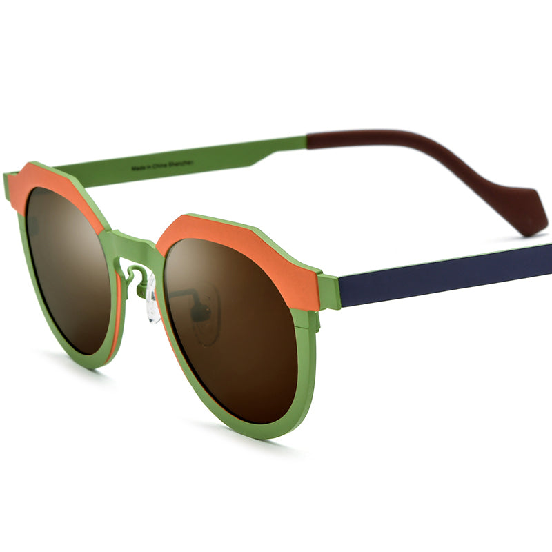 Colourful Titanium Cat Eye Polarised Sunglasses - Orange Green Frame Brown Lens - MCROONS