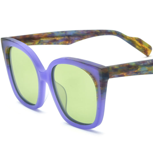 Retro Oversized Cat Eye Matte Acetate Polarized Sunglasses UV400 - Matte Purple Green Lens - MCROONS