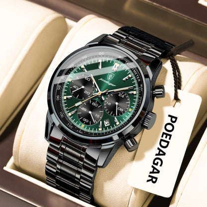 Poedagar 921 Men's Luxury Chronograph Quartz Watch – Stainless Steel Band, Waterproof, Luminous, Date