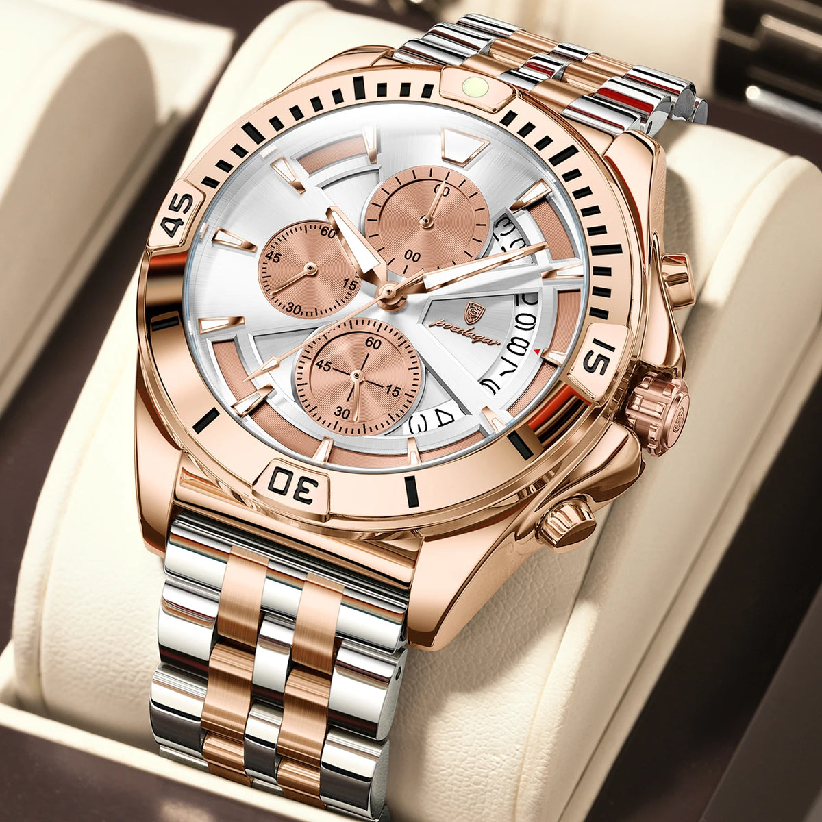 Poedagar 695 Men's Luxury Chronograph Quartz Watch – Stainless Steel Band, Waterproof, Luminous, Date