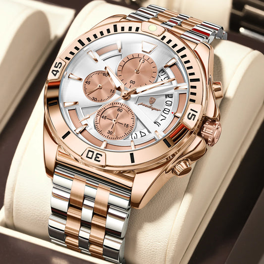 Poedagar 695 Men's Luxury Chronograph Quartz Watch – Stainless Steel Band, Waterproof, Luminous, Date