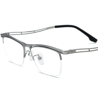 Designer Titanium Half-Rim Square Optical Glasses - Silver - MCROONS