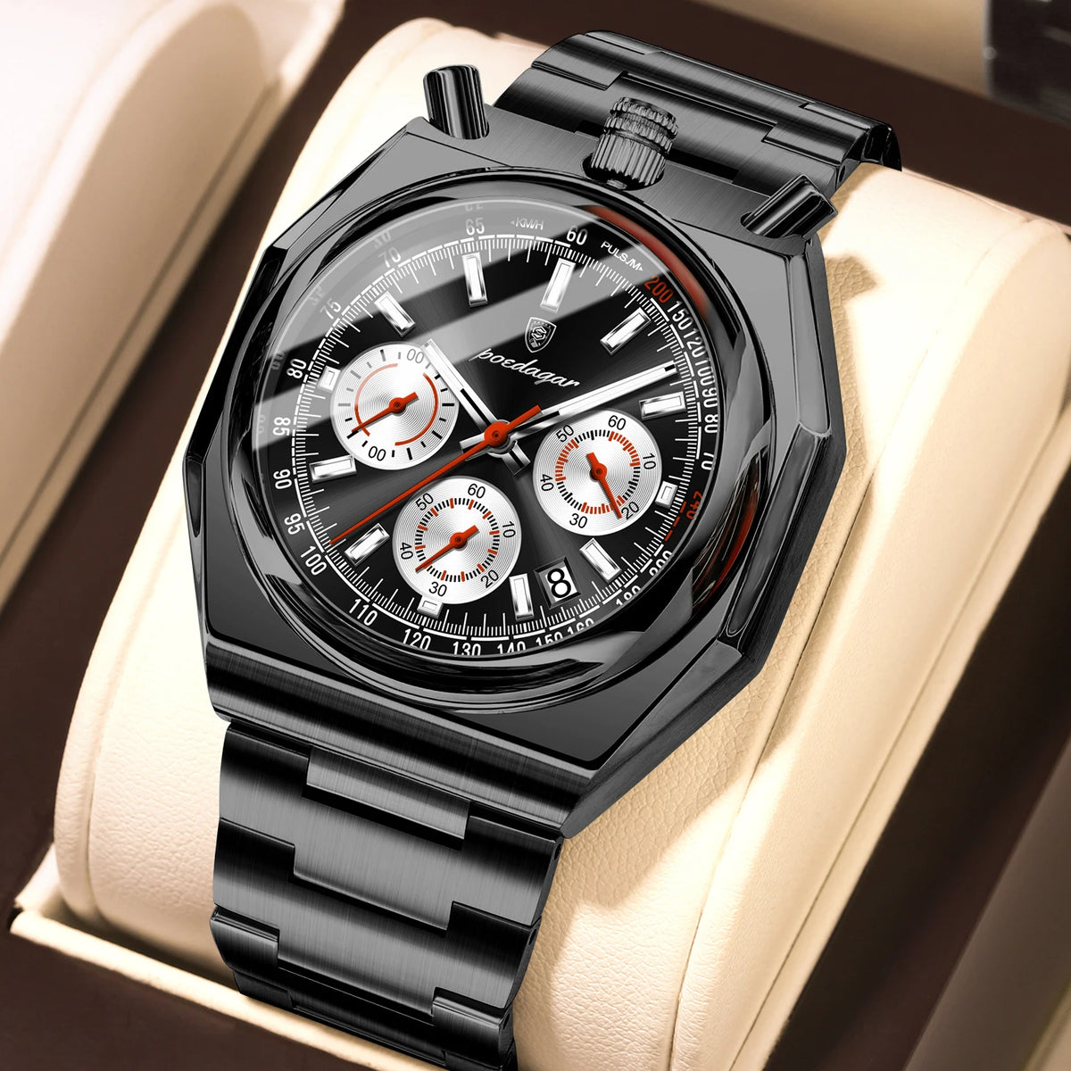 Poedagar 897 Men's Luxury Chronograph Quartz Watch – Stainless Steel Band, Waterproof, Luminous, Date
